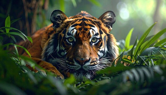 Tiger rests peacefully in jungle flora - Powered by Adobe