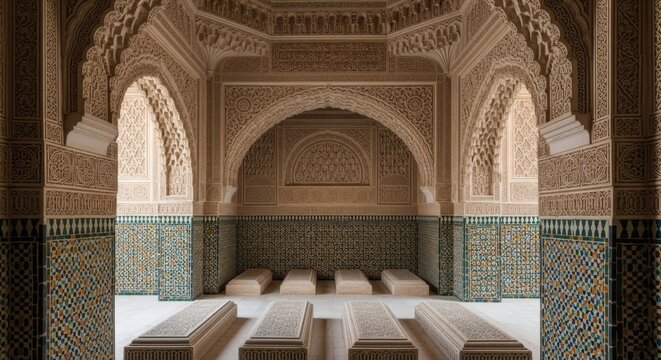 Sunlit interior of an ancient royal mausoleum in Morocco, showcasing ornate Islamic architecture and historic tombs - Powered by Adobe