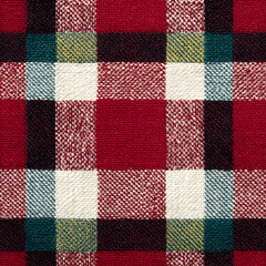 Rich textured plaid fabric pattern with classic red, white, black, teal, and yellow squares offering a cozy, sophisticated aesthetic for design projects