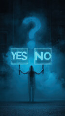 Fototapeta premium A thought-provoking image of a silhouetted figure, holding glowing signs with YES and NO.