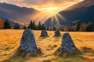 Sunrise over a mountain valley with ancient stones