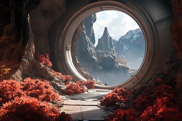 A futuristic landscape framed by a circular opening, showcasing vibrant red foliage and mountains.