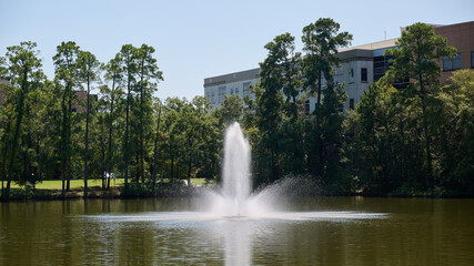 HOUSTON, TEXAS - SEPTEMBER 29th 2025: Sunlit hospital campus of St. Luke&rsquo;s Health in The Woodlands, Texas. No people. Green landscaped grounds and modern medical buildings captured at midday.