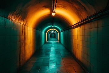 A dimly lit tunnel with vibrant orange and teal lighting, creating a mysterious atmosphere.