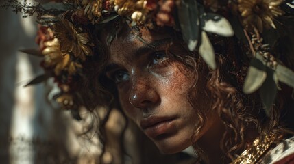 Dreamy portrait of a young woman adorned with a floral crown composition