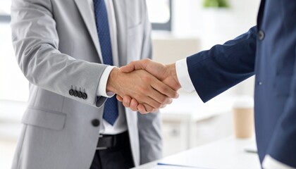 木製デスク越しに握手する二人のビジネスパーソン