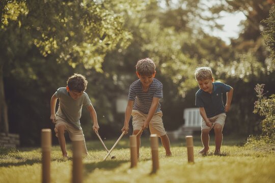 Three energetic young boys engaged in a fun game outdoors, focusing intently as they play with sticks on a sunny day.