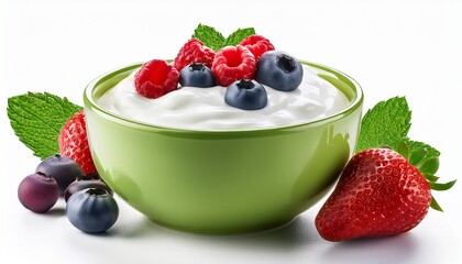 Green Bowl Of Greek Yogurt And Fresh Berries Isolated On White Background