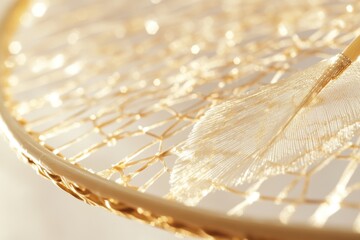 Close-up of a beautifully crafted golden fan resting on an intricate, textured surface.