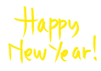 A bold digital illustration with the text "Happy New Year" written in a stylized, handwritten yellow font against a transparent background.