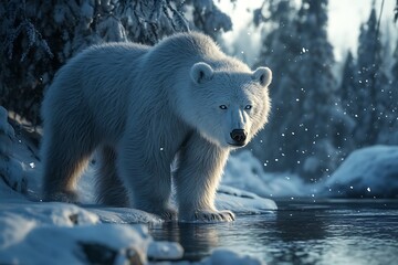A majestic polar bear stands by a tranquil, snowy river, surrounded by a winter landscape.
