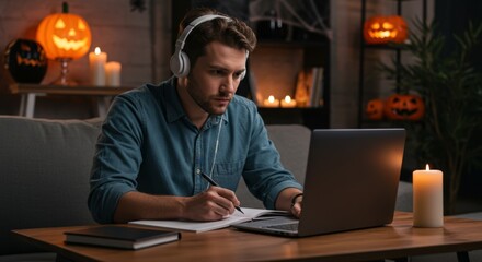 A man studies on his laptop on Halloween instead of going to a party.