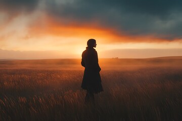 A silhouette of a person standing in a field at sunset, surrounded by mist and golden light.