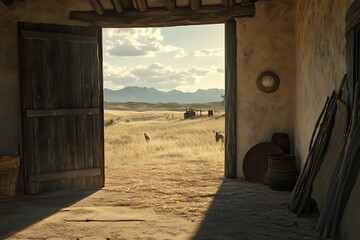 A rustic doorway opens to a serene landscape with distant mountains and wildlife.