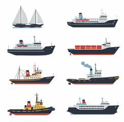 Diverse collection of illustrated boats and ships, including cargo, passenger, sailing, and tugboats, on a white background, representing sea transport.