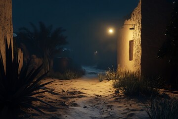 A dimly lit pathway through a quiet, foggy village at night.