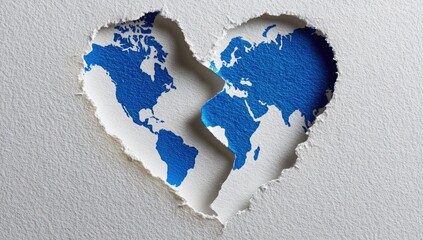 A world map, fragmented and torn, is depicted within a heart-shaped hole, evoking a sense of division and vulnerability.