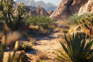 A serene desert landscape with rocky formations and sparse vegetation.
