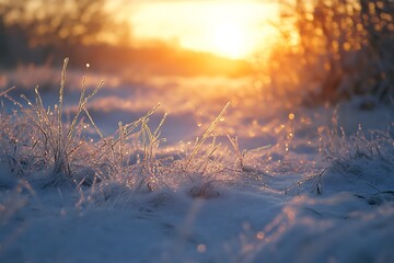 A serene winter landscape with frosted grass illuminated by a warm sunrise.