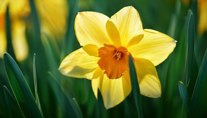 Obraz premium Close Up Of A Yellow Daffodil Amid Green Foliage