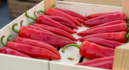 A vibrant display of fresh red chili peppers, neatly packed in a rustic wooden crate, symbolizing a healthy harvest and delicious culinary potential