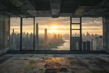 A sunset view from an unfinished building overlooking a city skyline.