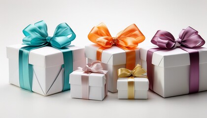 Fototapeta premium Four White Gift Boxes With Colorful Ribbons And Bows On A White Background