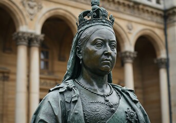 Close-up of a bronze statue of Queen Victoria. Generative Ai