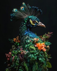 Obraz premium Vibrant peacock adorned in lush greenery and colorful flowers, showcasing nature's beauty against a dark backdrop.