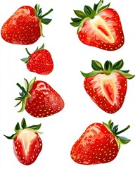 Colorful illustrations of fresh strawberries in various sizes and orientations, showcasing their juicy texture and vibrant red hue.