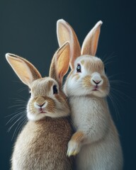 Obraz premium Two adorable rabbits snuggle close, showcasing their soft fur and charming features against a dark background.