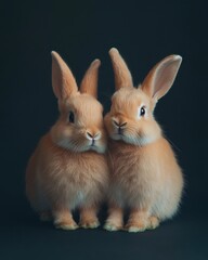 Obraz premium Two adorable orange rabbits standing close together against a dark background, showcasing their fluffy fur and curious expressions.