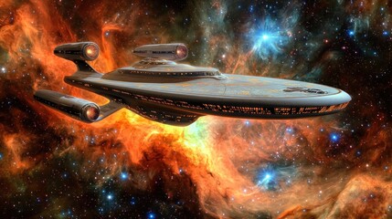 Naklejka premium Spaceship soaring through vibrant nebula.