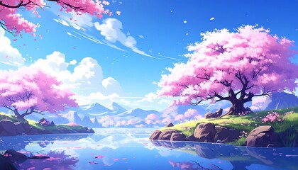 A serene landscape depicts a tranquil lake shore, adorned with vibrant pink cherry blossoms, under a clear, light-blue sky, reflecting a peaceful and beautiful spring day.