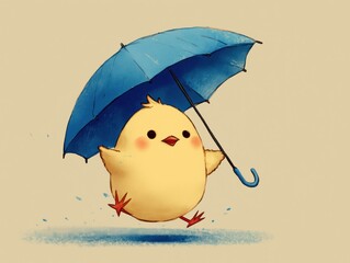 Kawaii Chick with Blue Umbrella in the Rain – Weather Illustration