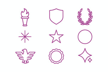 Collection of stylized award and achievement icons including a torch shield laurel wreath star eagle and diamond shapes