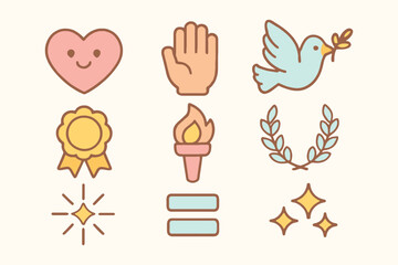 Collection of simple cute and colorful icons representing love peace victory and equality