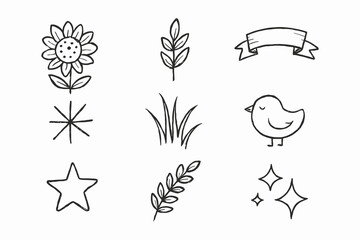 Collection of hand drawn sketch elements including flower wheat star bird and ribbon
