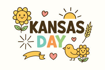 Cute hand drawn kansas day celebration with sunflower and bird illustrations