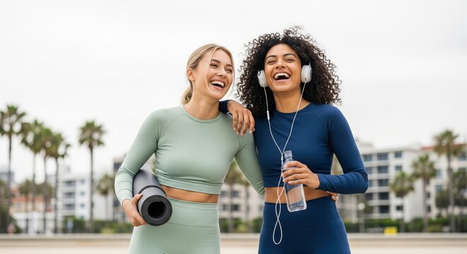 Two happy young women in athletic wear laughing together outdoors with a yoga mat and water bottle, enjoying a healthy lifestyle and friendship