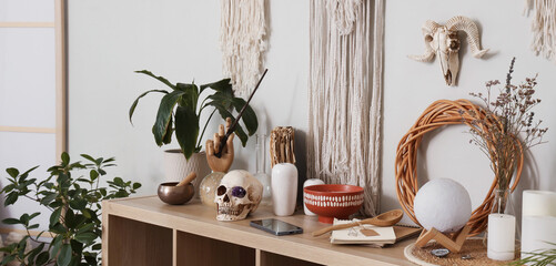 Magic attributes on shelf in witch's room