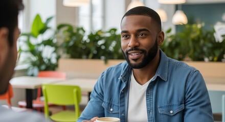 A black man in a denim shirt smiles while talking to someone across a table in a bright, modern cafe with plants in the background