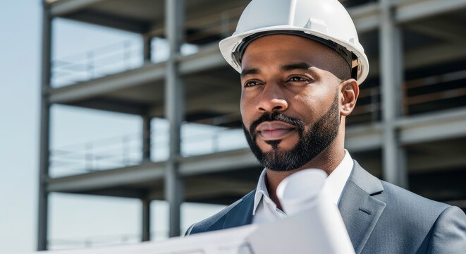 A confident african american construction manager wearing a hard hat and suit, holding blueprints at a building site with steel beams in the background - Powered by Adobe