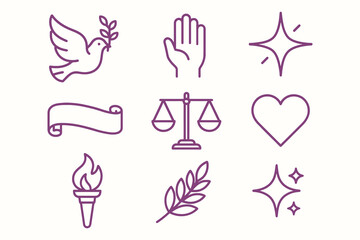 Collection of nine simple line art icons representing peace love justice freedom and hope