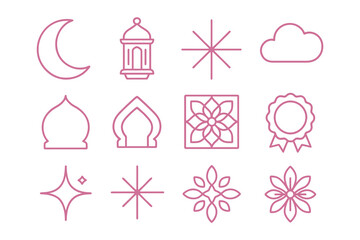 Collection of islamic and ramadan decorative line art icons and symbols for design elements