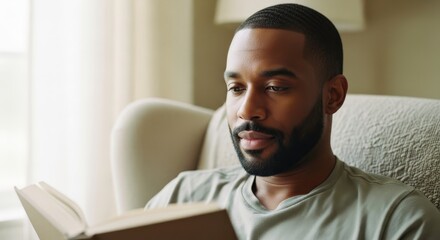 A focused black man with a beard sits comfortably in a chair, engrossed in reading a book, enjoying a quiet moment of leisure and learning