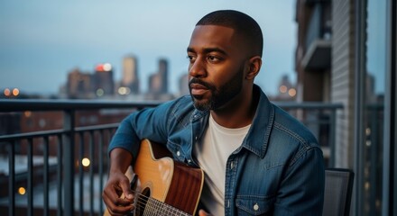 A thoughtful black man with a beard, wearing a denim jacket, sits on a balcony at dusk, playing an acoustic guitar with a city skyline in the background