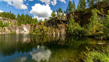 Quarry lake reflecting a cloudy sky. Lush greenery surrounds the dark stone cliffs