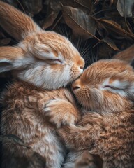 Two adorable orange-furred baby rabbits cuddle closely amidst fallen leaves, radiating warmth and cuteness.