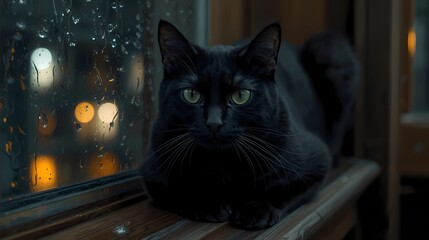 Photography, a graceful black cat with intelligent and reflective green eyes, its fur detailed and smooth. Night scene on a wooden windowsill, with raindrops dripping on the glass, blurring the city l